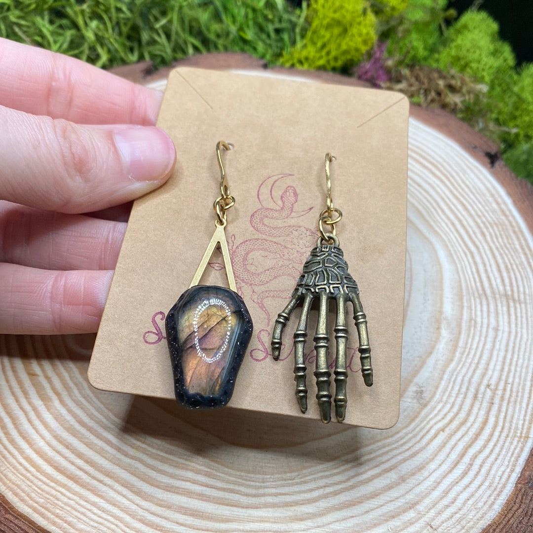 Mismatched Labradorite Coffin and Skeleton Hand brass earrings