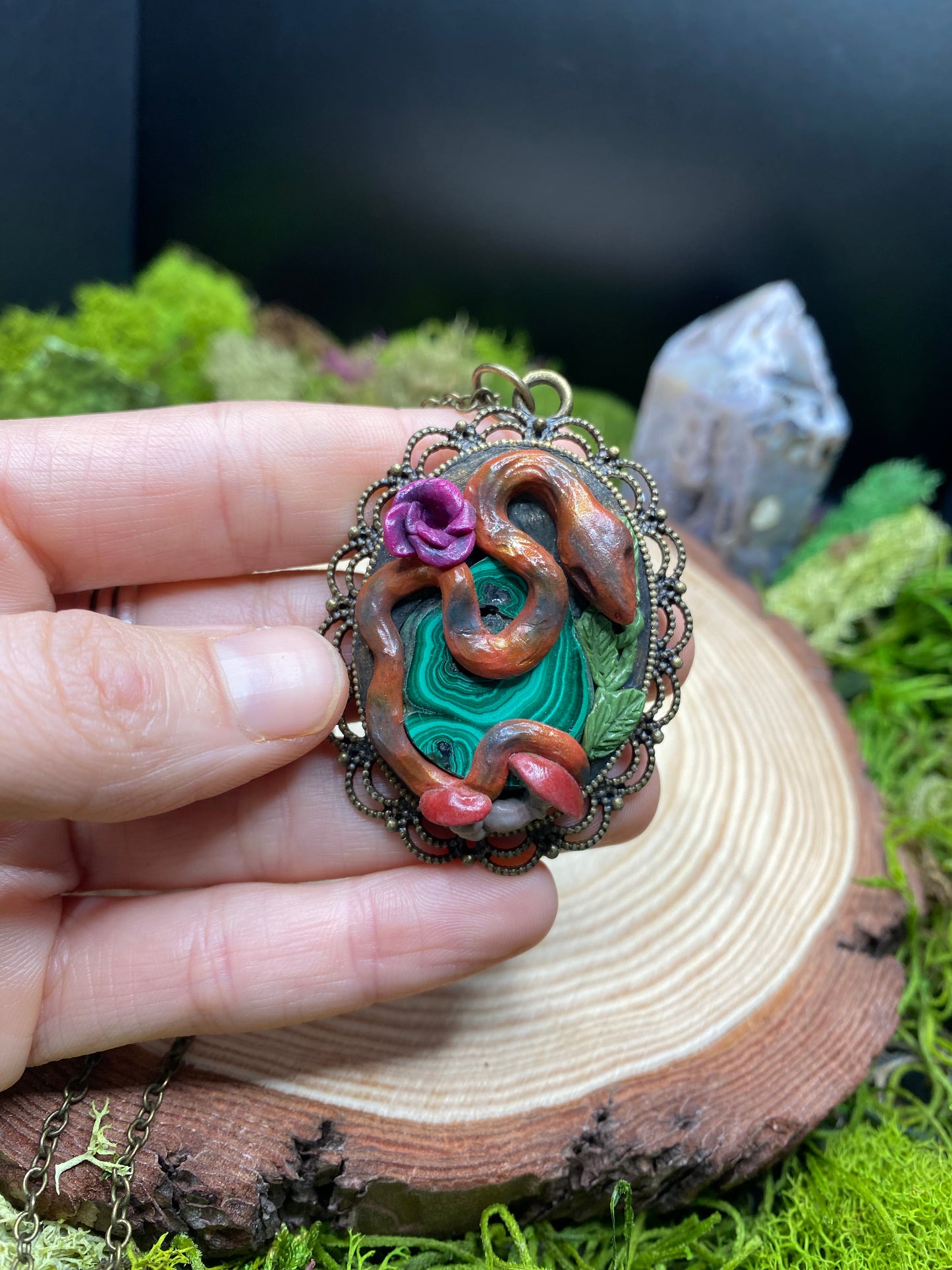 Serpent, Mushroom, and Malachite Pendant