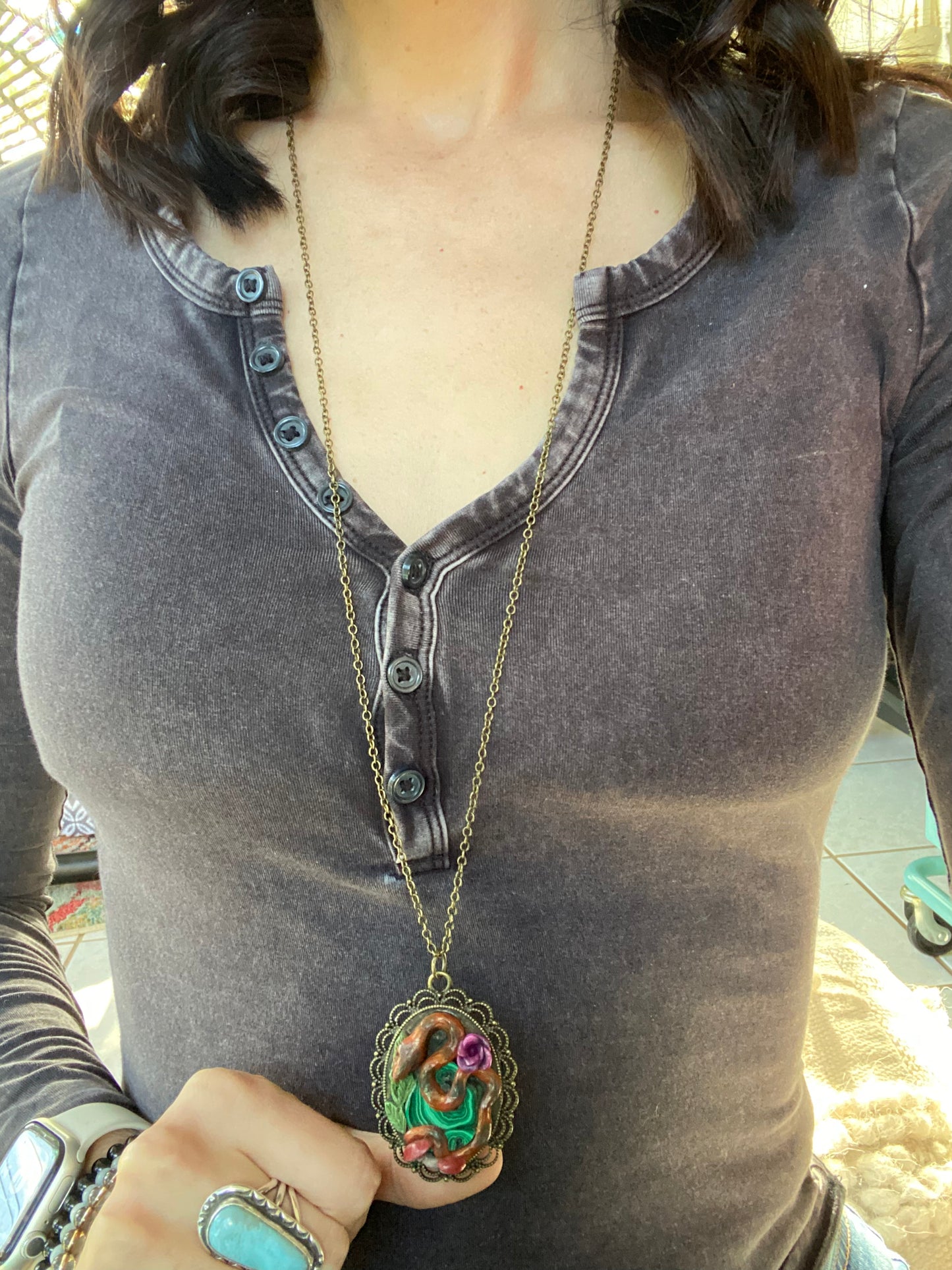 Serpent, Mushroom, and Malachite Pendant