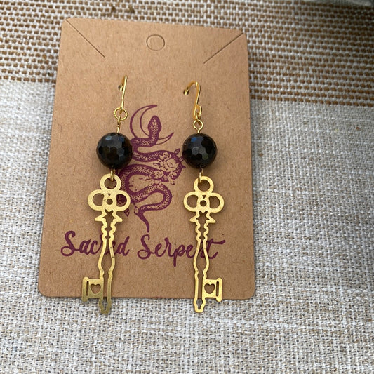 Rainbow Obsidian and Brass Key Earrings