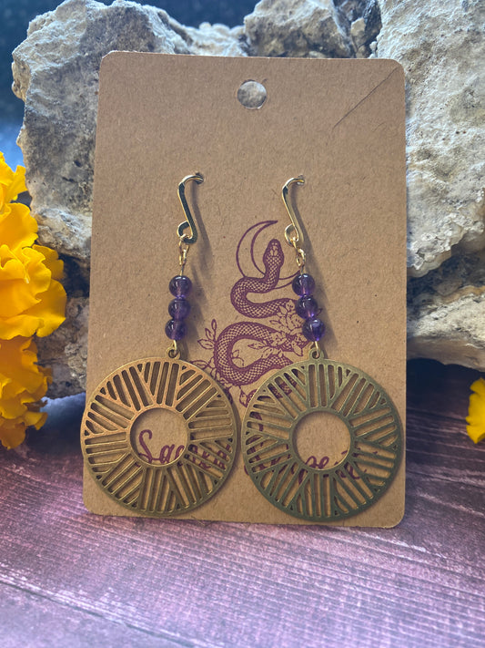 Amethyst and Coin Brass Earrings