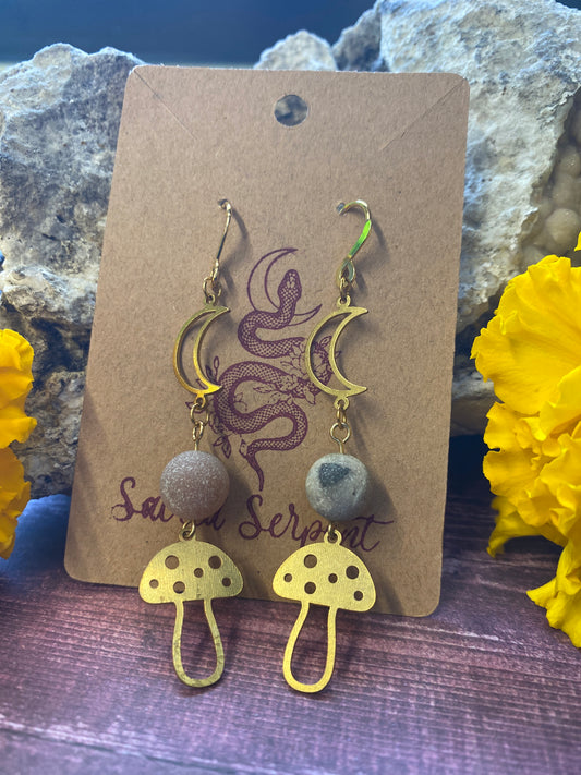 Crescent Moon and Mushroom Earrings