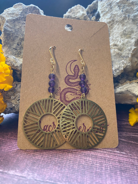 Amethyst and Coin Brass Earrings