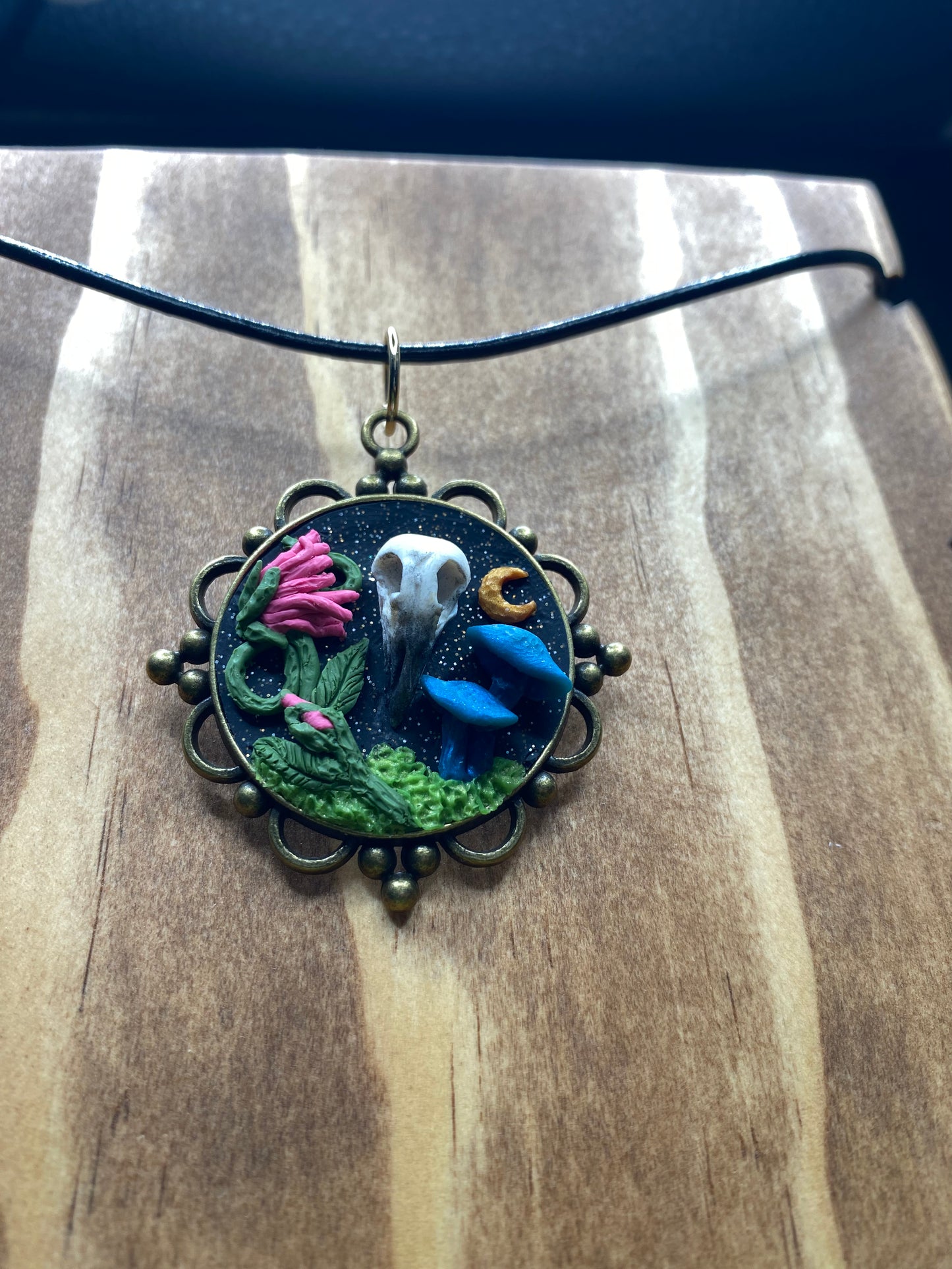 Hand-sculpted Crow skull and Mushrooms with Vintage Brass Bezel